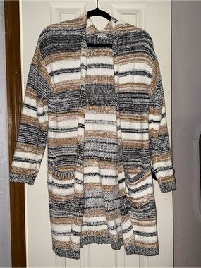 Striped Open-Front Cardigan Sweater in Cream, Gray & Brown